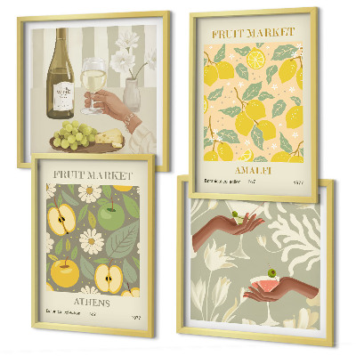 Conjunto de 4 quadros com moldura Padrões frutados vinho italiano