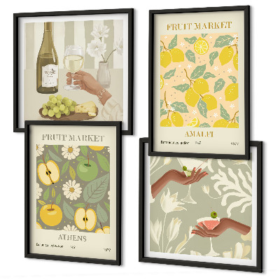 Conjunto de 4 quadros com moldura Padrões frutados vinho italiano
