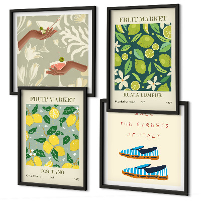 Conjunto de 4 quadros com moldura Pôsteres italianos com estampas de frutas