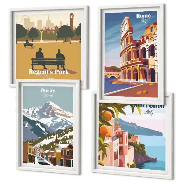 Conjunto de 4 quadros com moldura com ilustrações retrô de lugares famosos