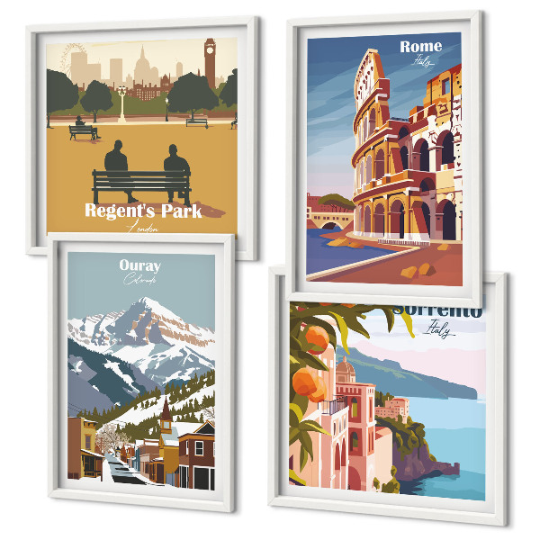 Conjunto de 4 quadros com moldura Ilustrações retrô de lugares famosos