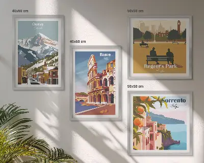 Conjunto de 4 quadros com moldura com ilustrações retrô de lugares famosos