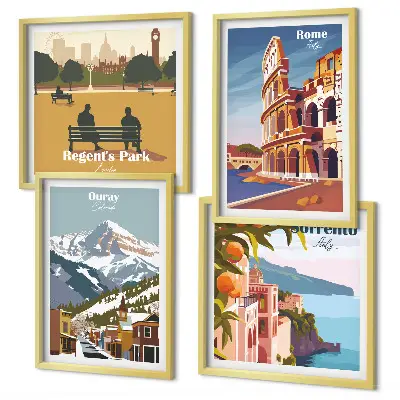 Conjunto de 4 quadros com moldura com ilustrações retrô de lugares famosos