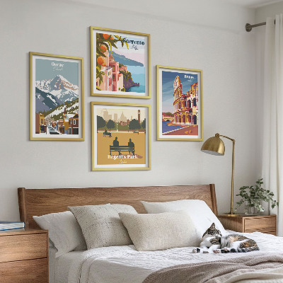 Conjunto de 4 quadros com moldura Ilustrações retrô de lugares famosos