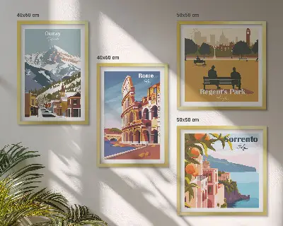 Conjunto de 4 quadros com moldura com ilustrações retrô de lugares famosos