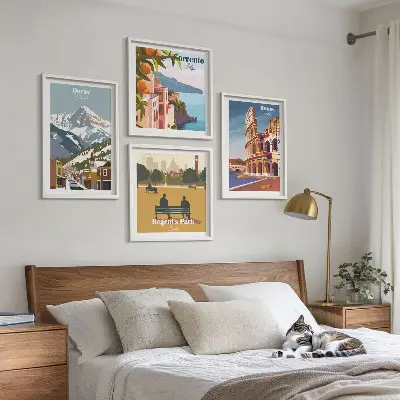 Conjunto de 4 quadros com moldura com ilustrações retrô de lugares famosos