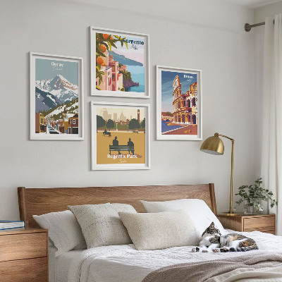 Conjunto de 4 quadros com moldura Ilustrações retrô de lugares famosos