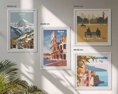 Conjunto de 4 quadros com moldura com ilustrações retrô de lugares famosos