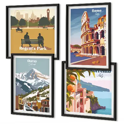 Conjunto de 4 quadros com moldura com ilustrações retrô de lugares famosos