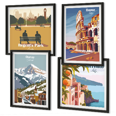 Conjunto de 4 quadros com moldura Ilustrações retrô de lugares famosos