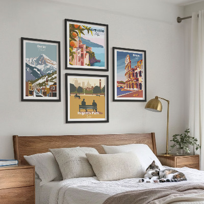 Conjunto de 4 quadros com moldura Ilustrações retrô de lugares famosos