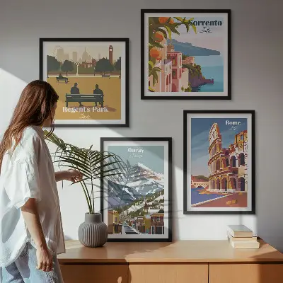 Conjunto de 4 quadros com moldura com ilustrações retrô de lugares famosos