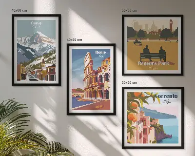 Conjunto de 4 quadros com moldura com ilustrações retrô de lugares famosos