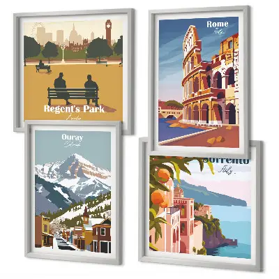 Conjunto de 4 quadros com moldura com ilustrações retrô de lugares famosos