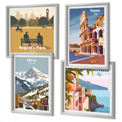 Conjunto de 4 quadros com moldura Ilustrações retrô de lugares famosos