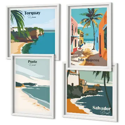 Composição de quadros de praias tropicais e palmeiras