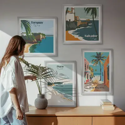 Composição de quadros de praias tropicais e palmeiras