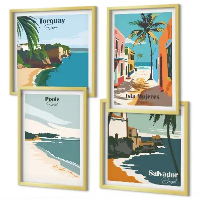 Composição de quadros de praias tropicais e palmeiras