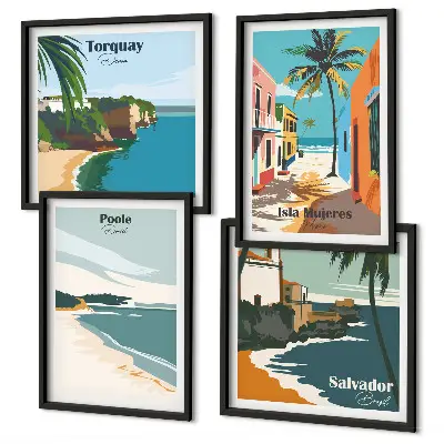 Composição de quadros de praias tropicais e palmeiras