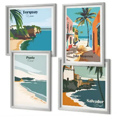 Composição de quadros de praias tropicais e palmeiras