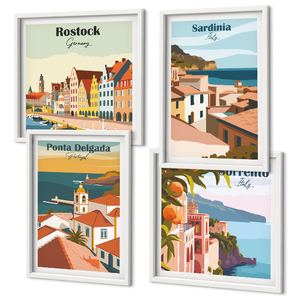 Conjunto de 4 quadros com moldura Vistas de portos europeus