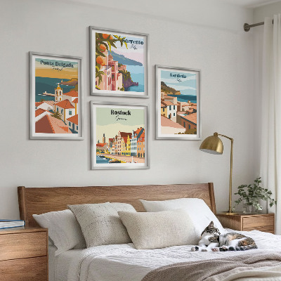 Conjunto de 4 quadros com moldura Vistas de portos europeus