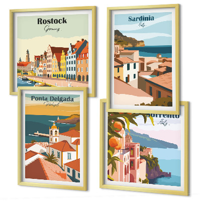 Conjunto de 4 quadros com moldura Vistas de portos europeus