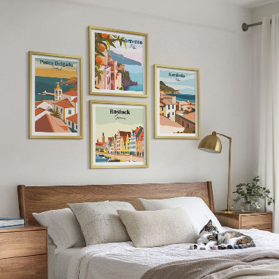 Conjunto de 4 quadros com moldura Vistas de portos europeus