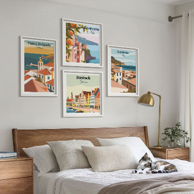 Conjunto de 4 quadros com moldura Vistas de portos europeus