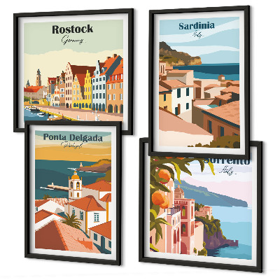 Conjunto de 4 quadros com moldura Vistas de portos europeus