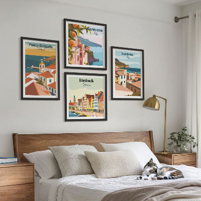 Conjunto de 4 quadros com moldura Vistas de portos europeus