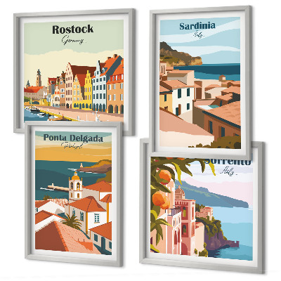 Conjunto de 4 quadros com moldura Vistas de portos europeus
