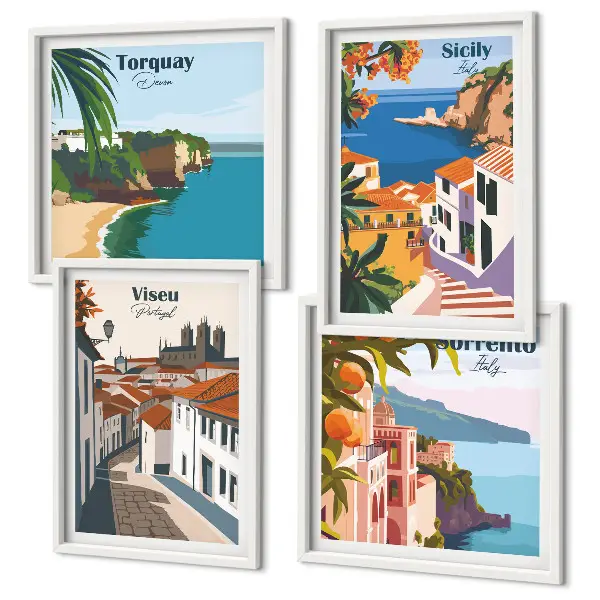 Composição de quadros com ilustrações retrô de cidades do mundo