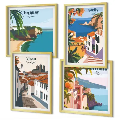 Composição de quadros com ilustrações retrô de cidades do mundo