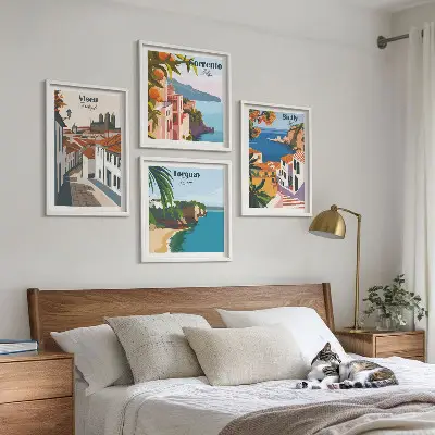 Composição de quadros com ilustrações retrô de cidades do mundo