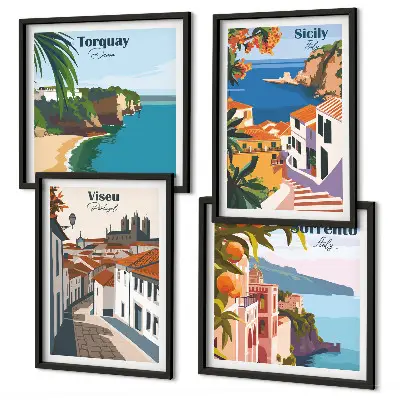 Composição de quadros com ilustrações retrô de cidades do mundo