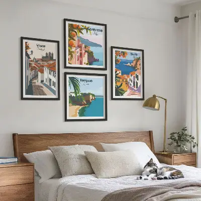 Composição de quadros com ilustrações retrô de cidades do mundo