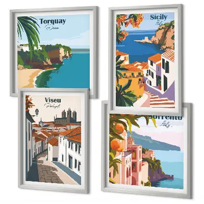 Composição de quadros com ilustrações retrô de cidades do mundo