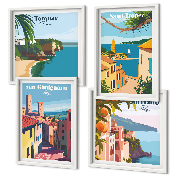 Conjunto de 4 quadros com moldura cidades litorâneas italianas