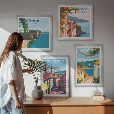 Conjunto de 4 quadros com moldura cidades litorâneas italianas