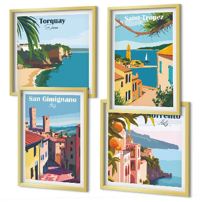 Conjunto de 4 quadros com moldura cidades litorâneas italianas