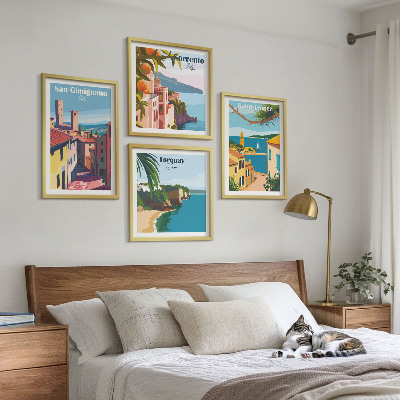 Conjunto de 4 quadros com moldura cidades litorâneas italianas