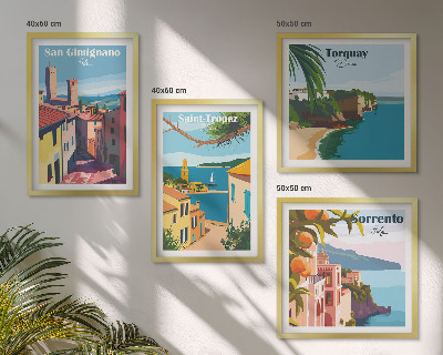 Conjunto de 4 quadros com moldura cidades litorâneas italianas