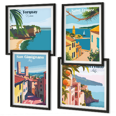 Conjunto de 4 quadros com moldura cidades litorâneas italianas