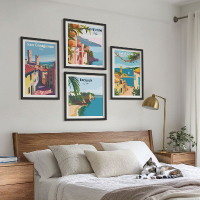 Conjunto de 4 quadros com moldura cidades litorâneas italianas