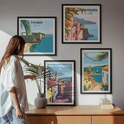 Conjunto de 4 quadros com moldura cidades litorâneas italianas