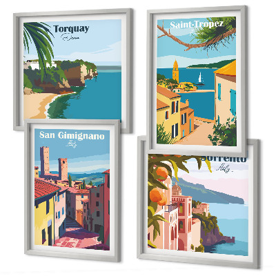 Conjunto de 4 quadros com moldura cidades litorâneas italianas