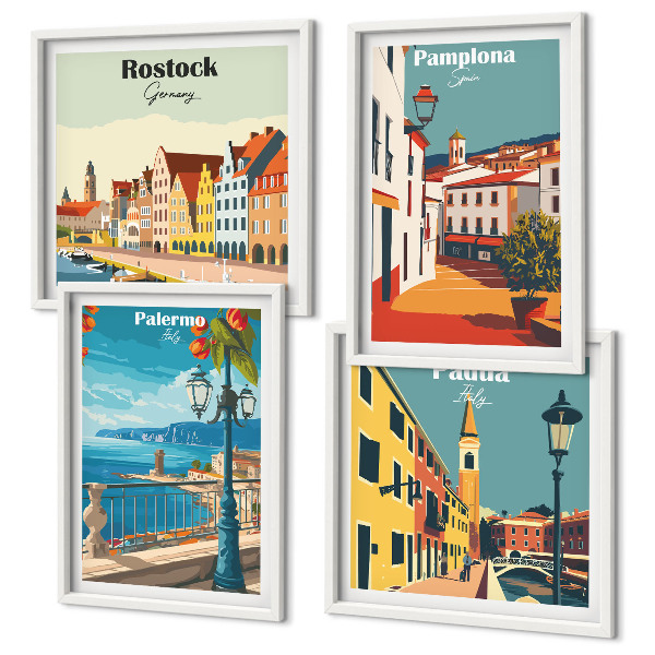 Conjunto de 4 quadros com moldura Ilustrações retrô de cidades