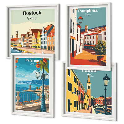 Conjunto de 4 quadros com moldura Ilustrações retrô de cidades