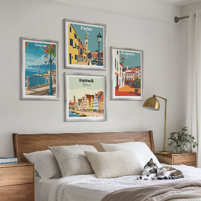 Conjunto de 4 quadros com moldura Ilustrações retrô de cidades